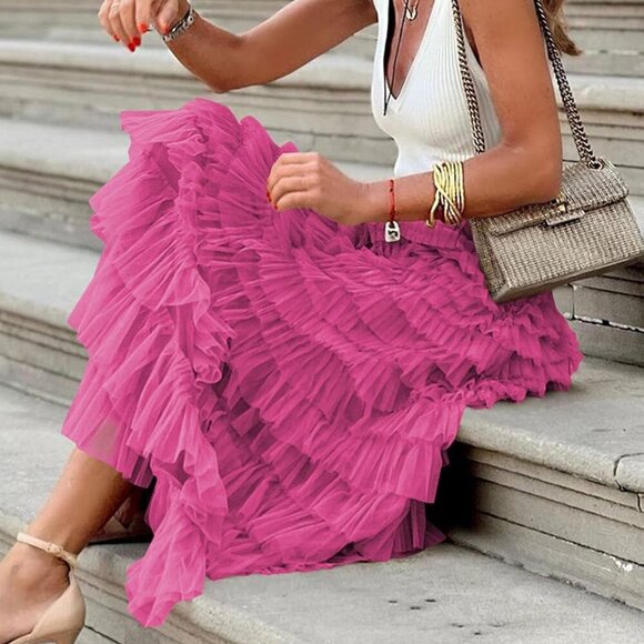 Women's Long Maxi Tulle Skirts A Line Ruffle High Waisted Tiered Layered Mesh Tu - Picture 6 of 7